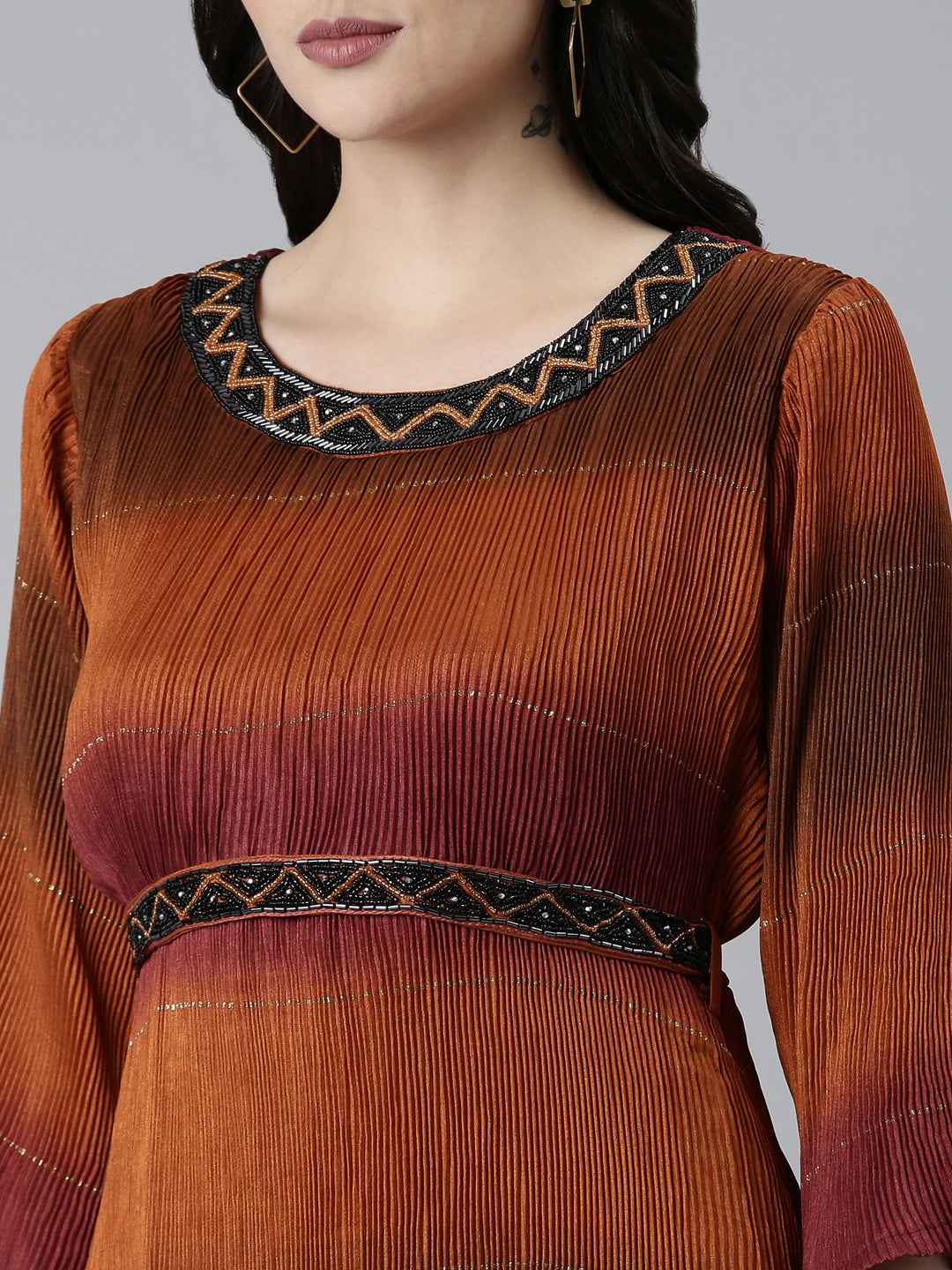 Women's Brown Colour blocked Embellished Accordion Pleated Georgette Fit & Flare Dress With Belt