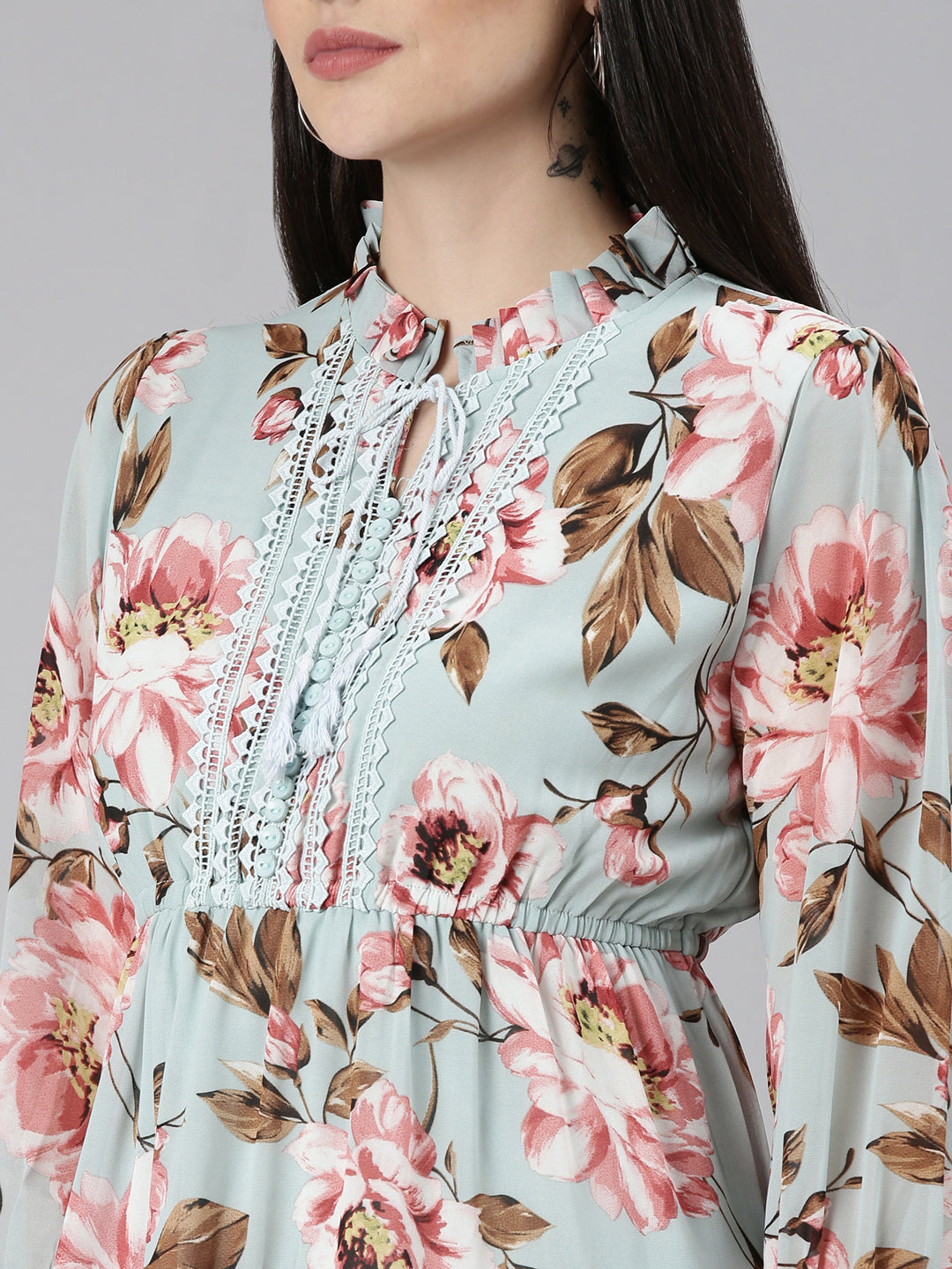 Women's Sea Green Floral Printed Tie-Up Neck Fit and Flare Dress