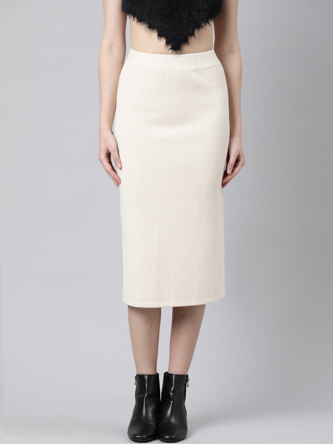 Women's Self Design Beige Straight Midi Skirt
