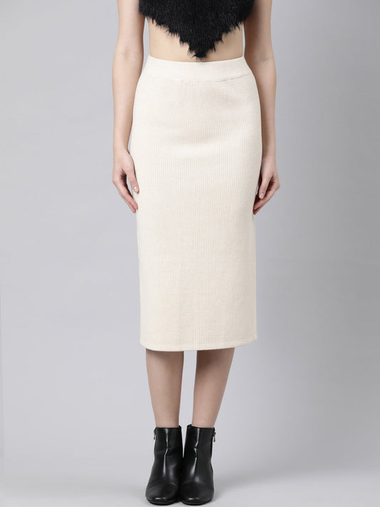 Women's Self Design Beige Straight Midi Skirt