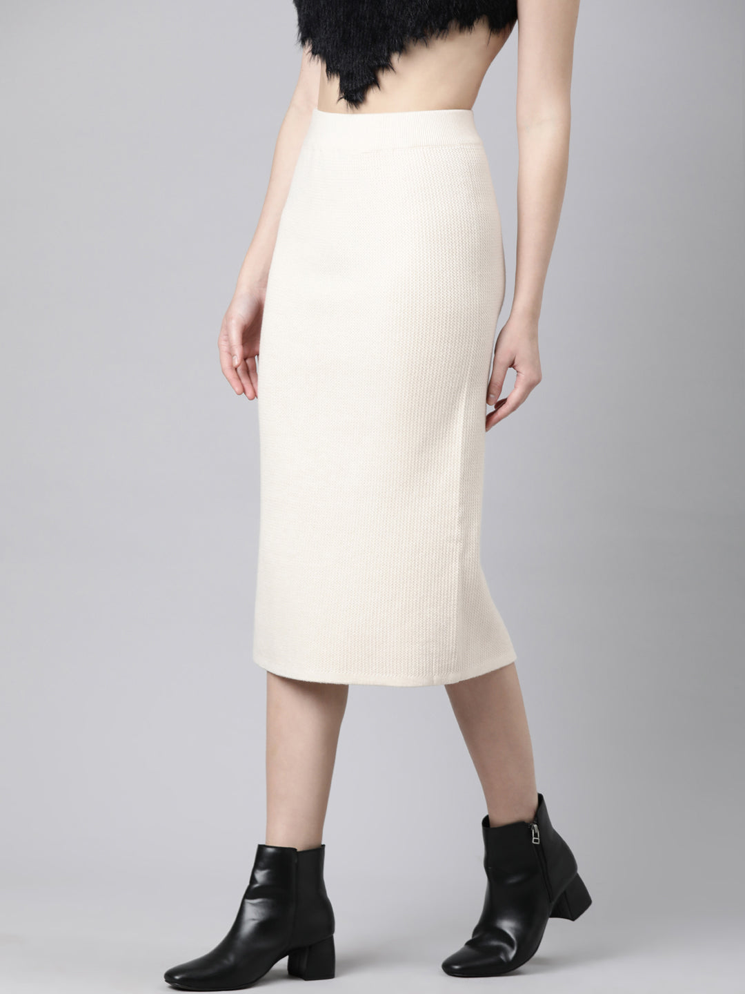 Women's Self Design Beige Straight Midi Skirt