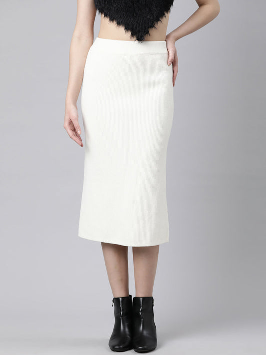 Women's Self Design Cream Straight Midi Skirt