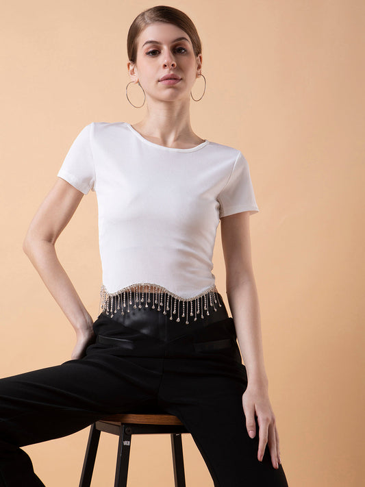 Women's White Solid Bling & Sparkly Round Neck Nylon Top