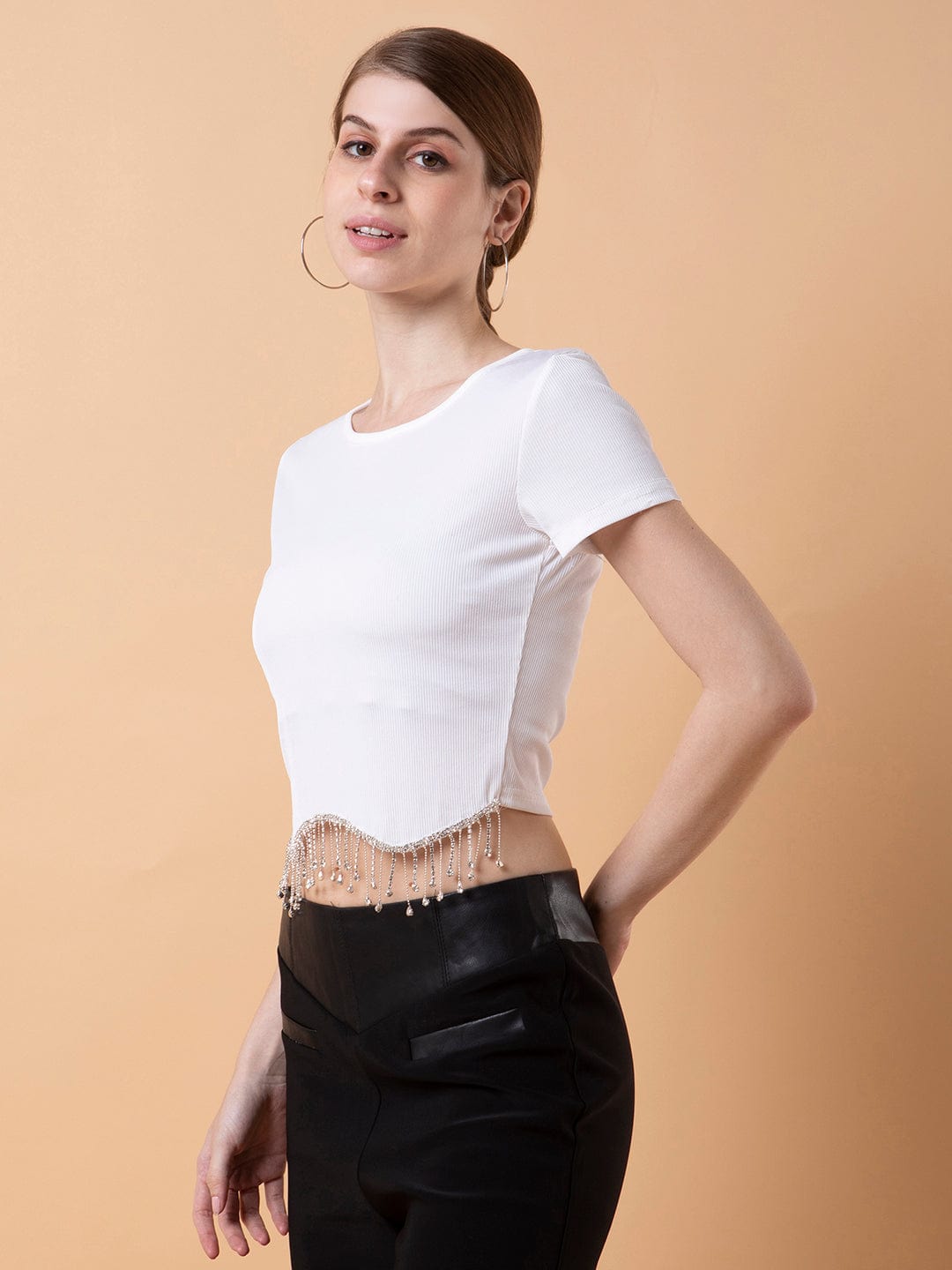 Women's White Solid Bling & Sparkly Round Neck Nylon Top