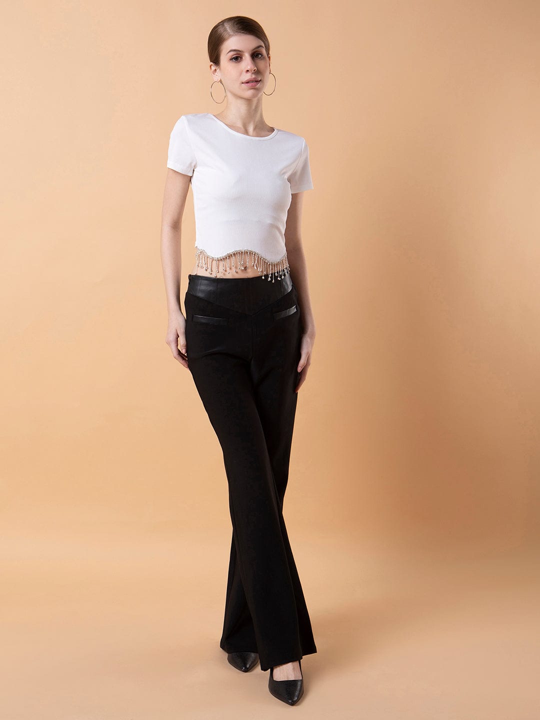 Women's White Solid Bling & Sparkly Round Neck Nylon Top