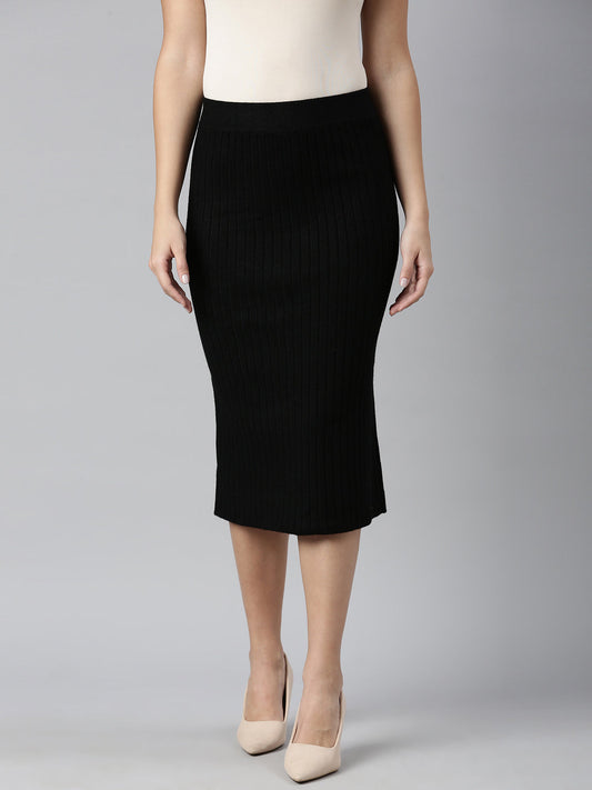 Women's Self Design Black Straight Midi Skirt
