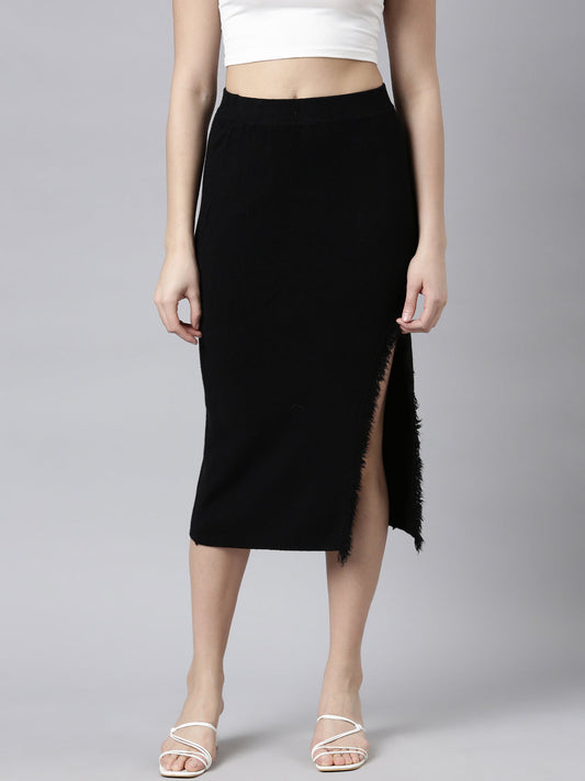 Women's Black Straight Monochrome Knitted Midi Skirts