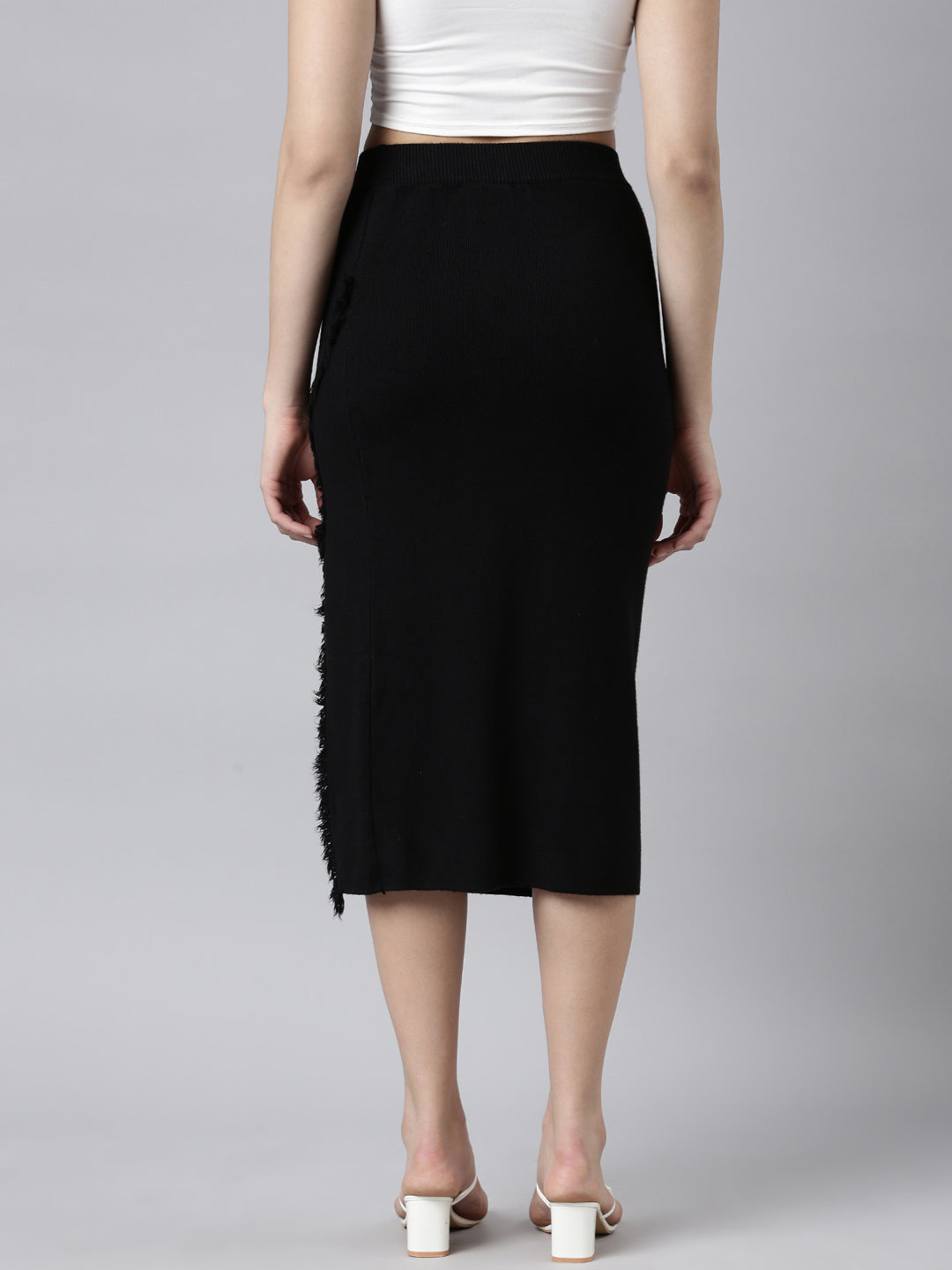 Women's Black Straight Monochrome Knitted Midi Skirts