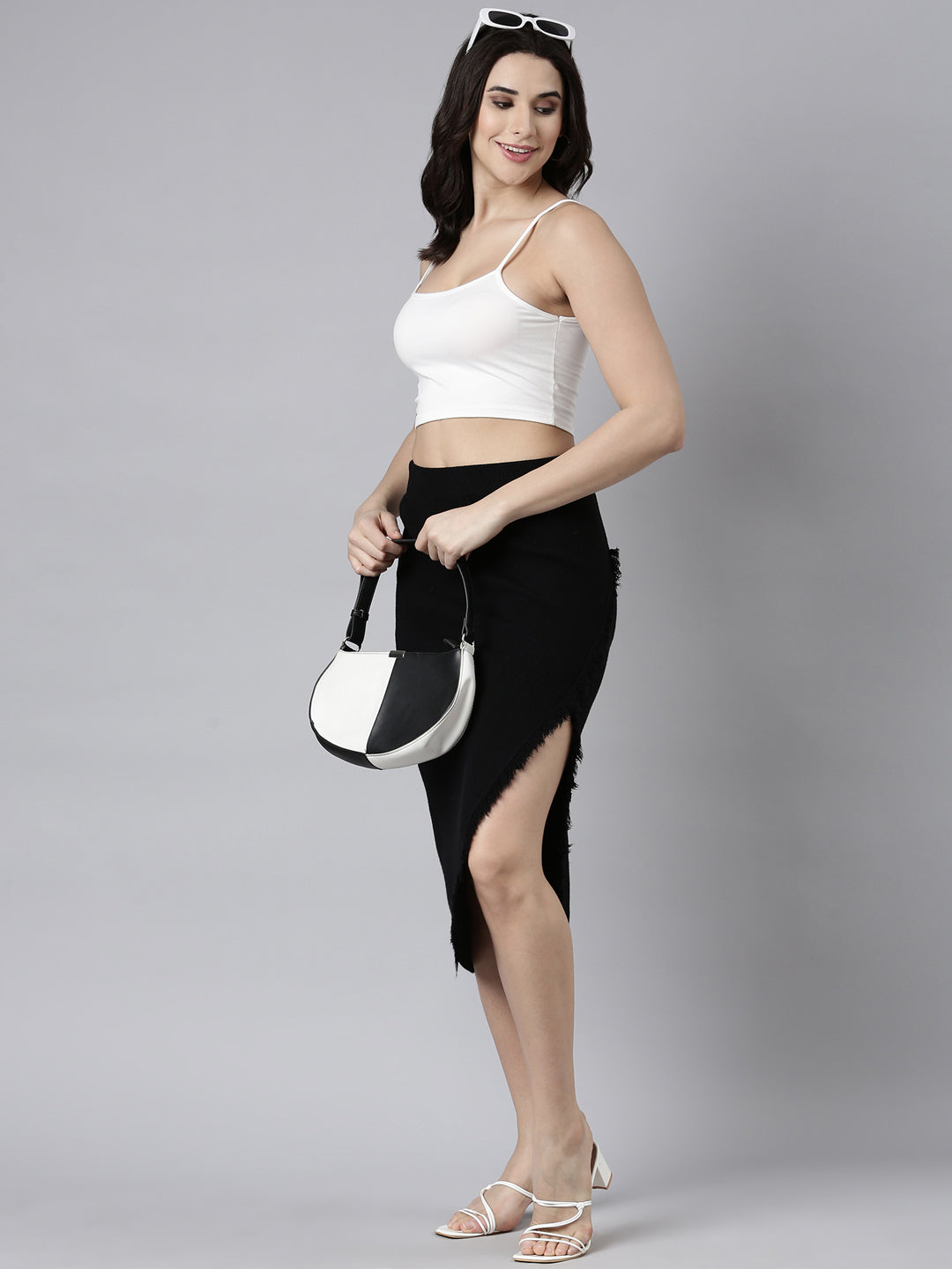 Women's Black Straight Monochrome Knitted Midi Skirts