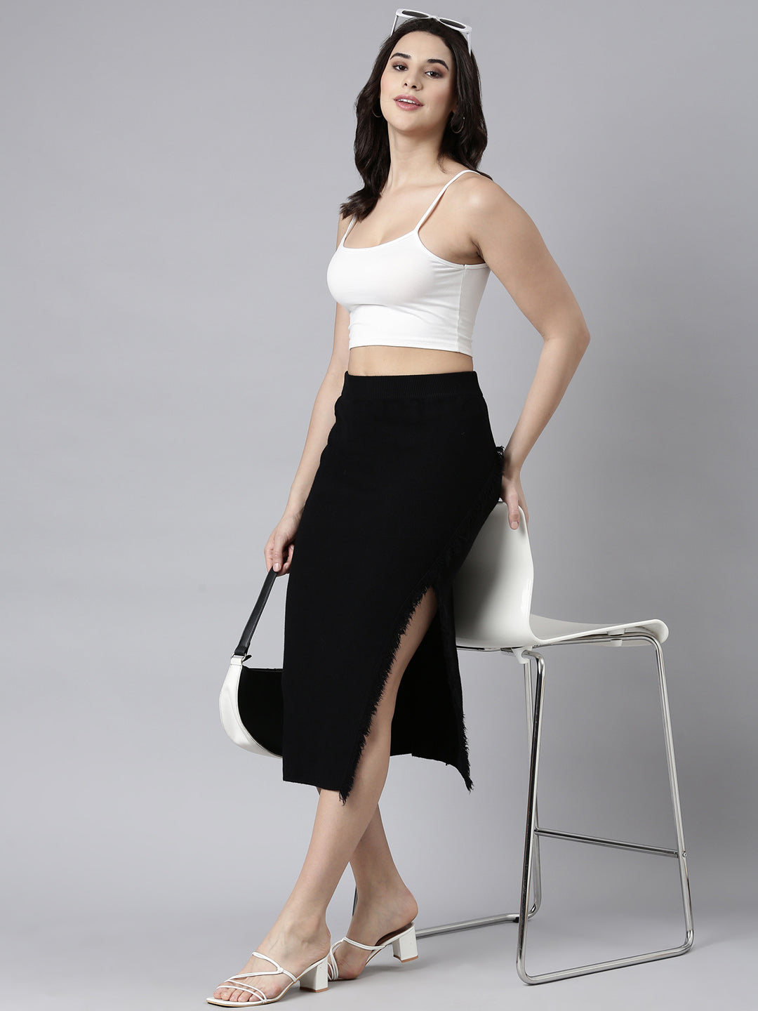 Women's Black Straight Monochrome Knitted Midi Skirts