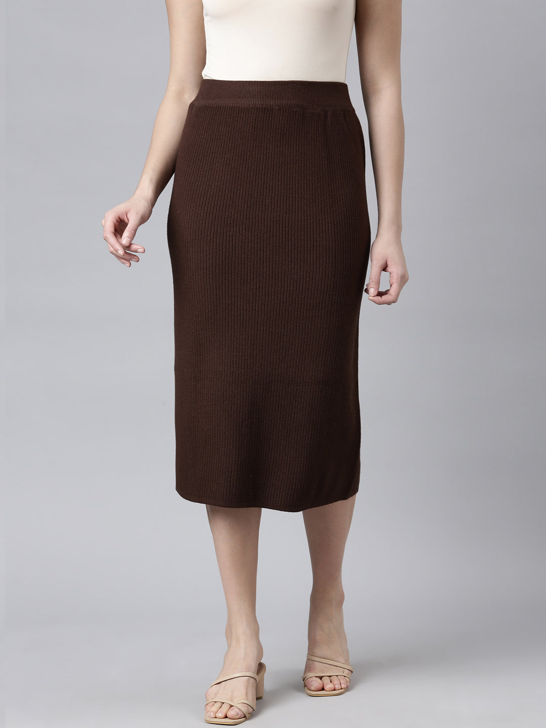 Women's Self Design Brown Straight Midi Skirt
