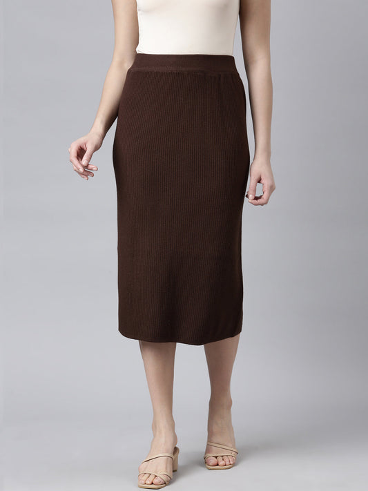 Women's Self Design Brown Straight Midi Skirt
