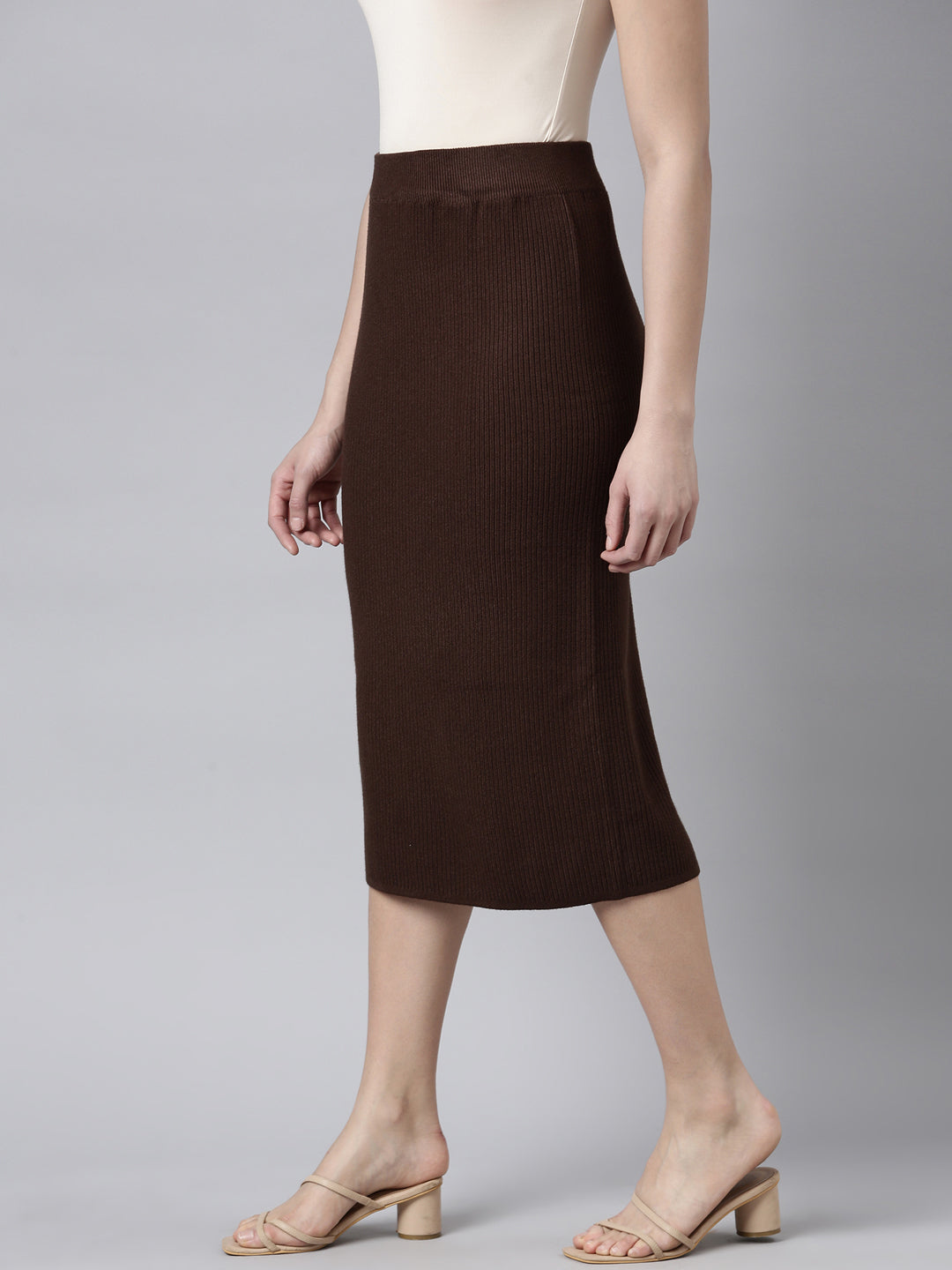 Women's Self Design Brown Straight Midi Skirt