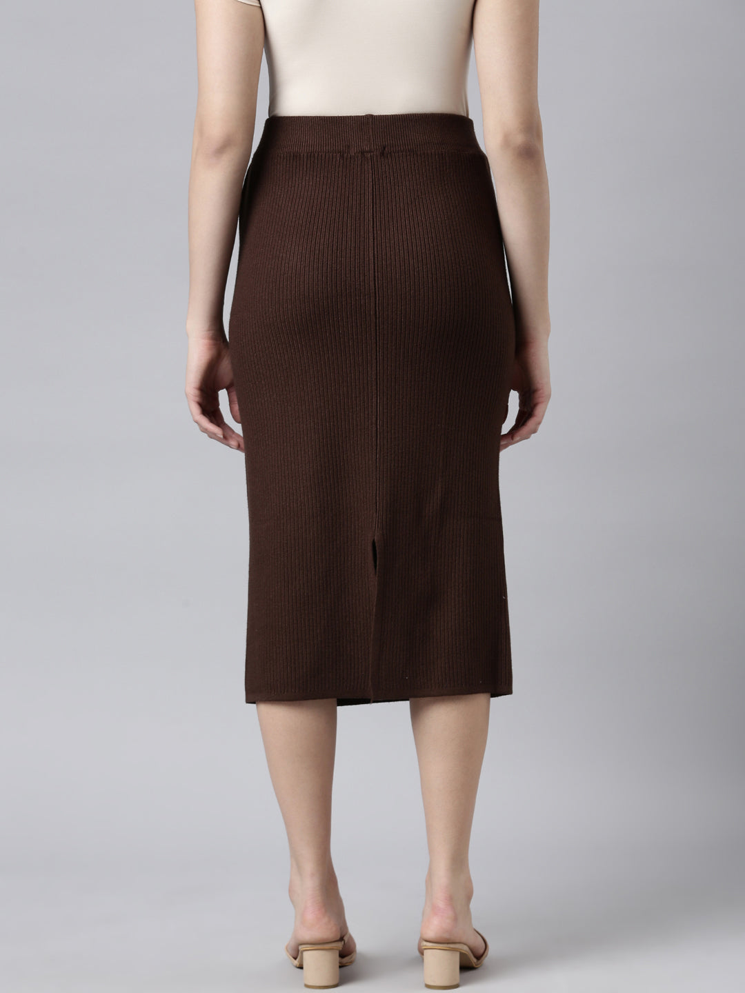 Women's Self Design Brown Straight Midi Skirt