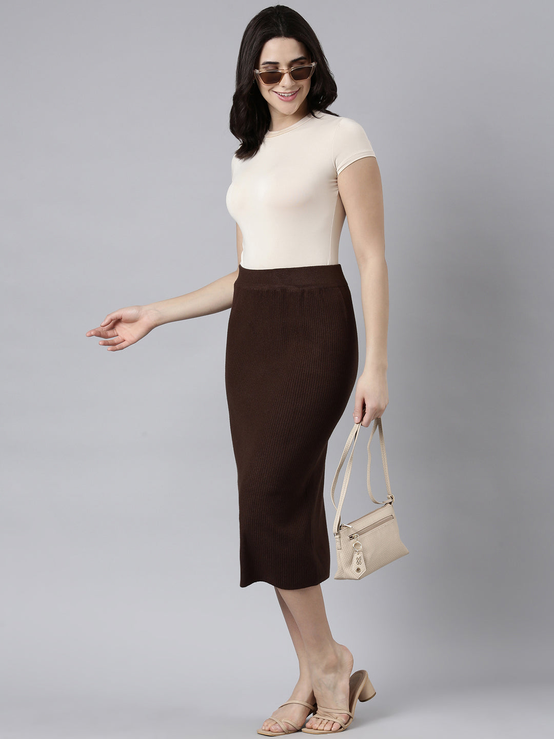 Women's Self Design Brown Straight Midi Skirt