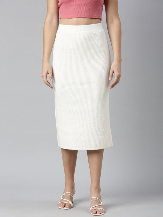 Women's Self Design Cream Straight Midi Skirt