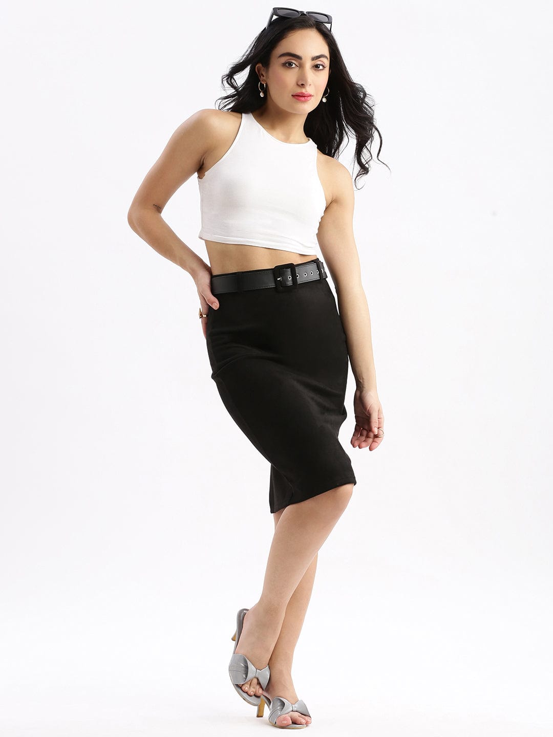 Women's Solid Black Pencil Midi Skirt with Belt
