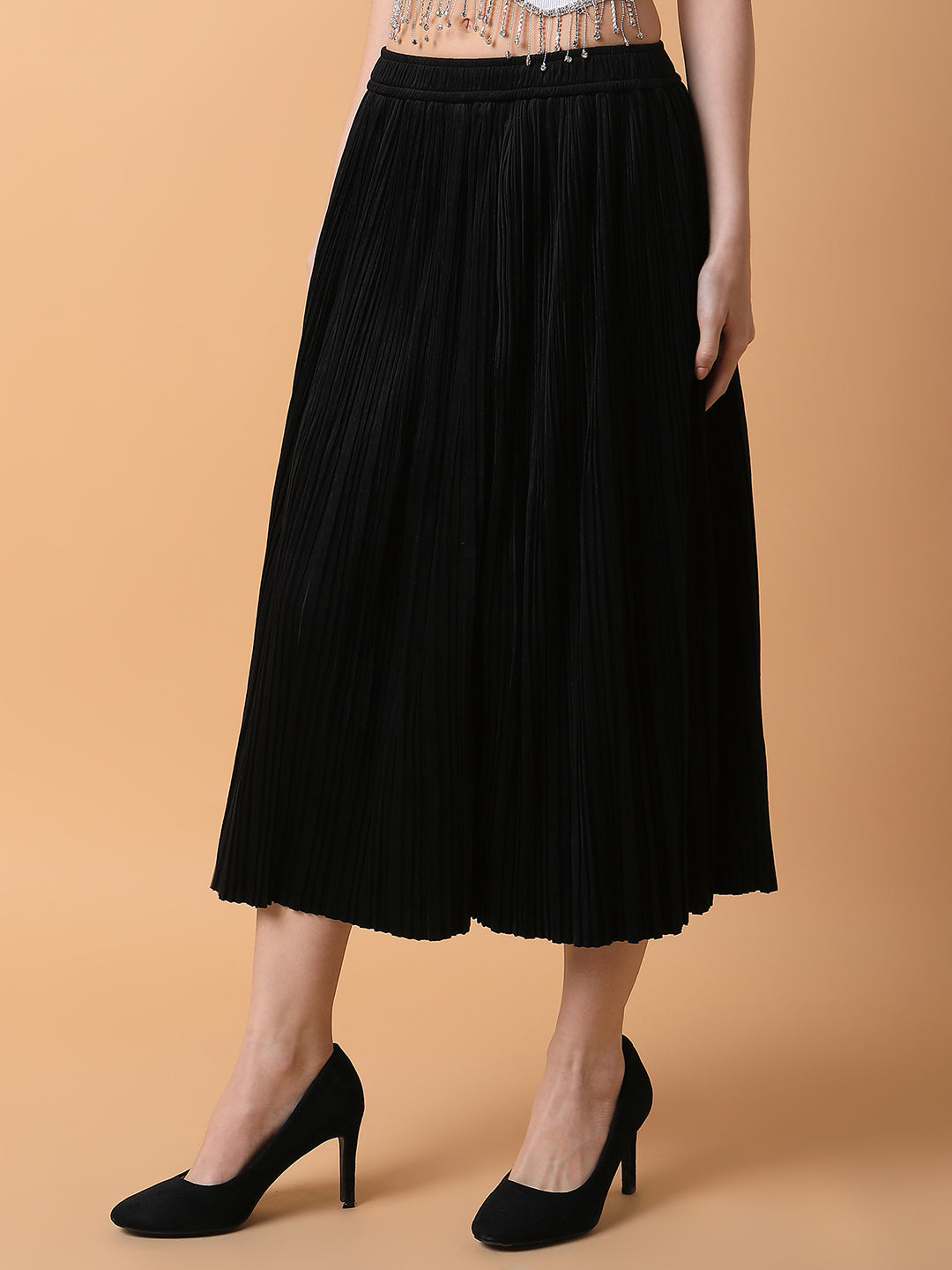 Women's Black Flared Midi Skirt