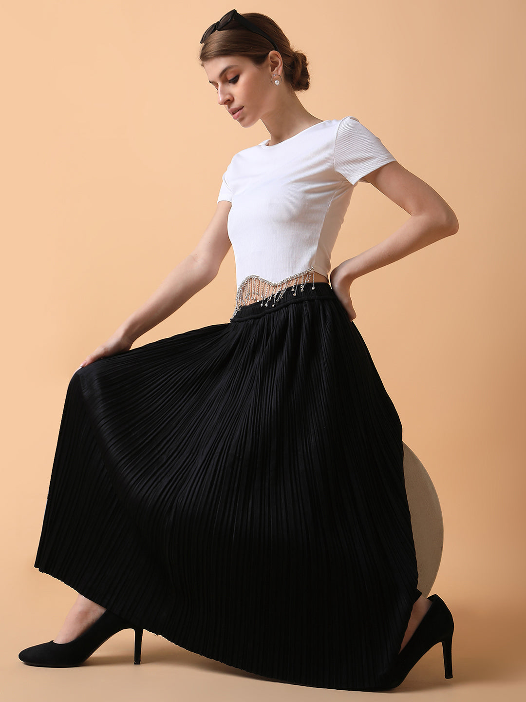 Women's Black Flared Midi Skirt
