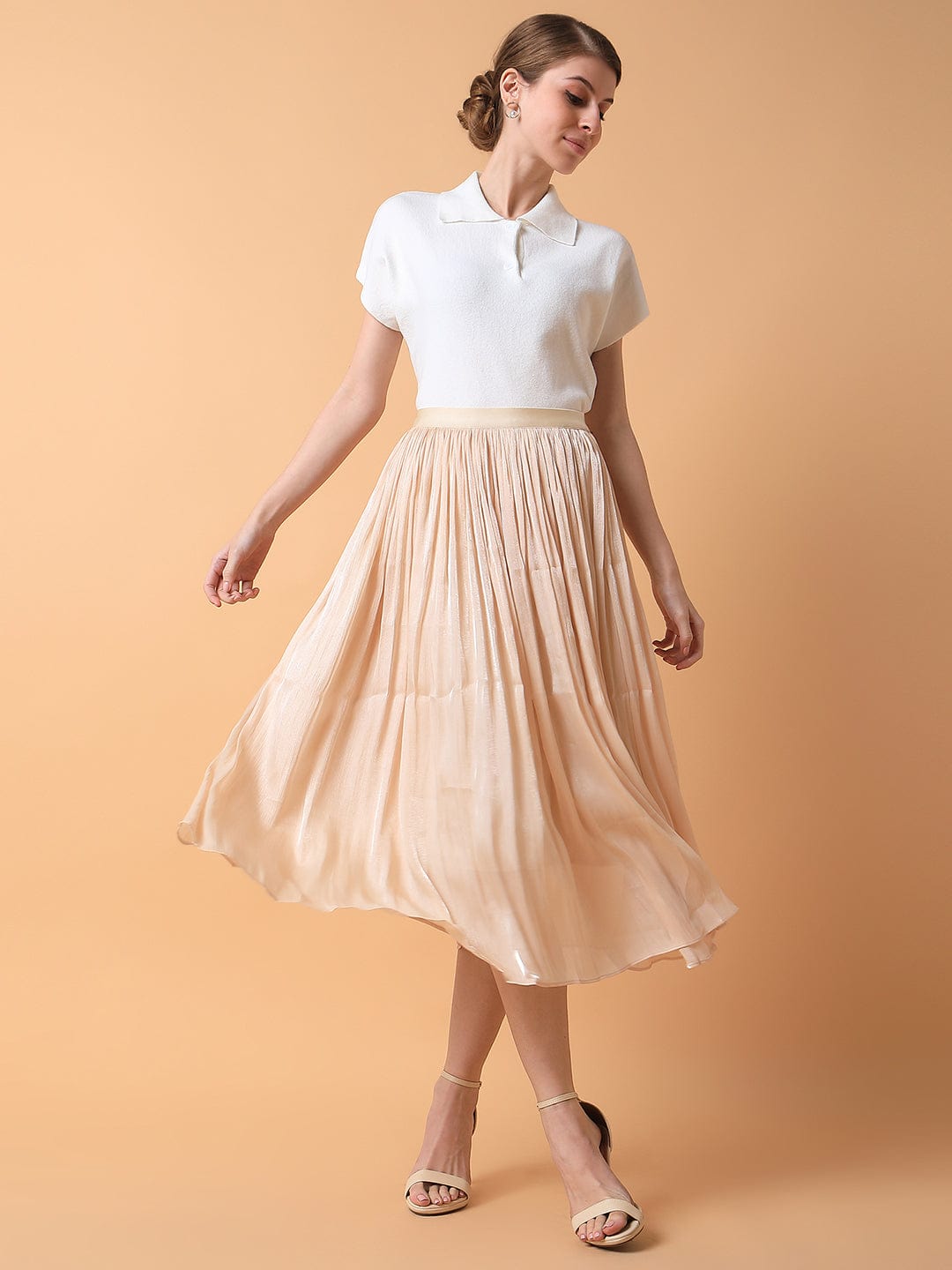 Women's Cream Flared Midi Skirt