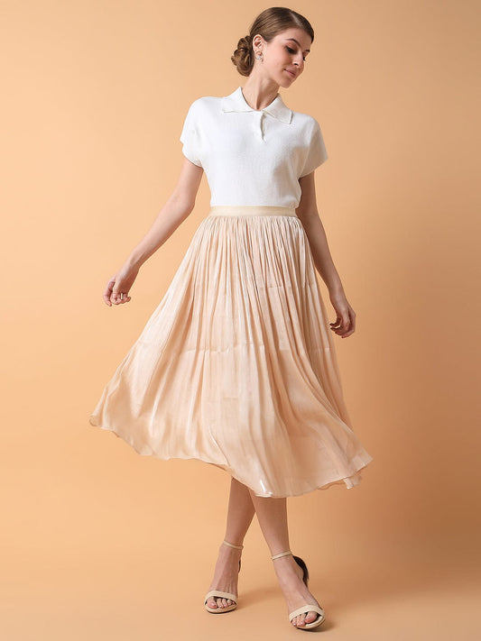 Women's Cream Flared Midi Skirt
