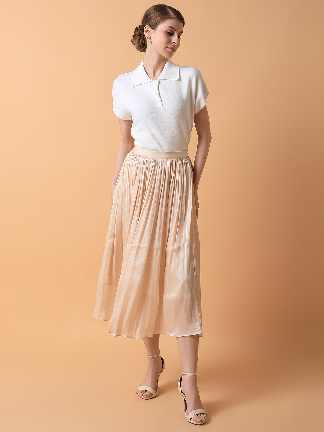 Women's Cream Flared Midi Skirt