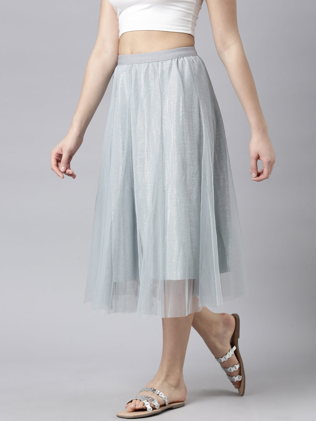 Women's Grey Embellished Flared Midi Skirts
