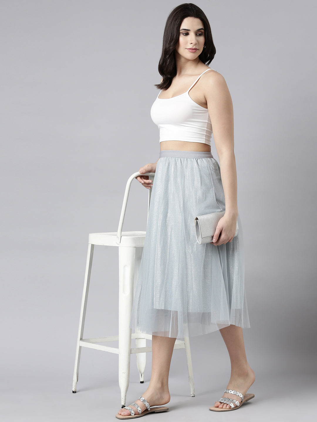 Women's Grey Embellished Flared Midi Skirts