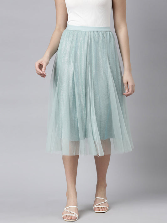 Women's Sea Green Flared Sheer Midi Skirt