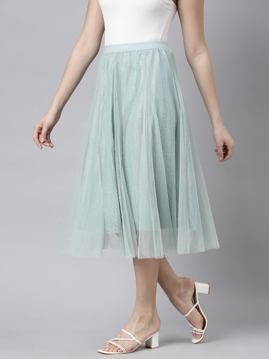Women's Sea Green Flared Sheer Midi Skirt