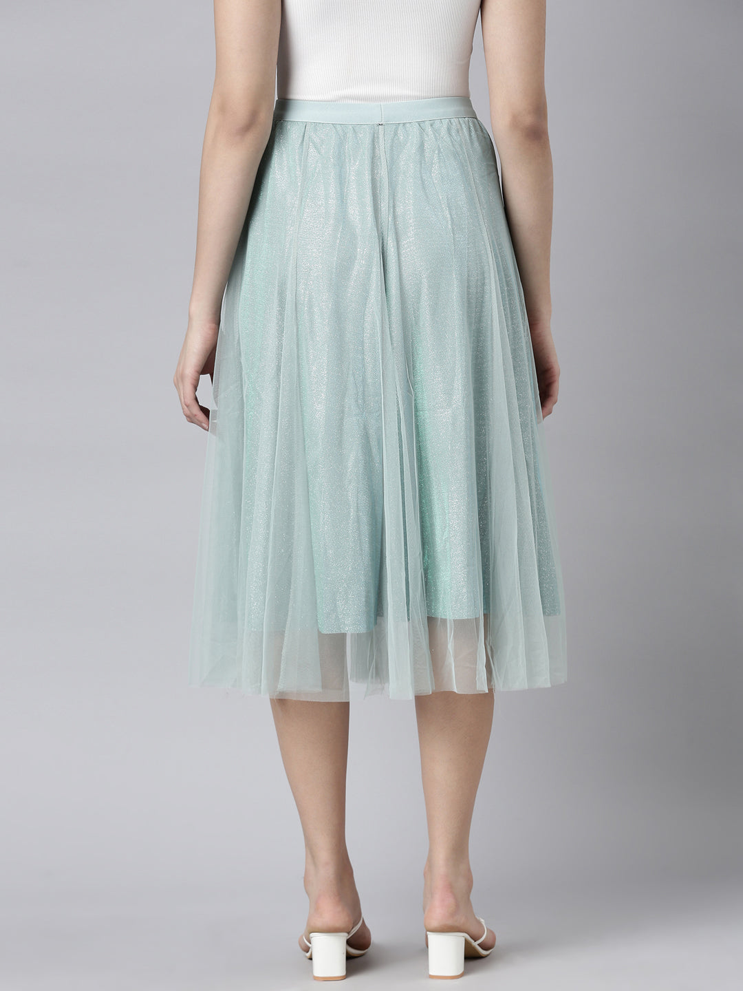 Women's Sea Green Flared Sheer Midi Skirt