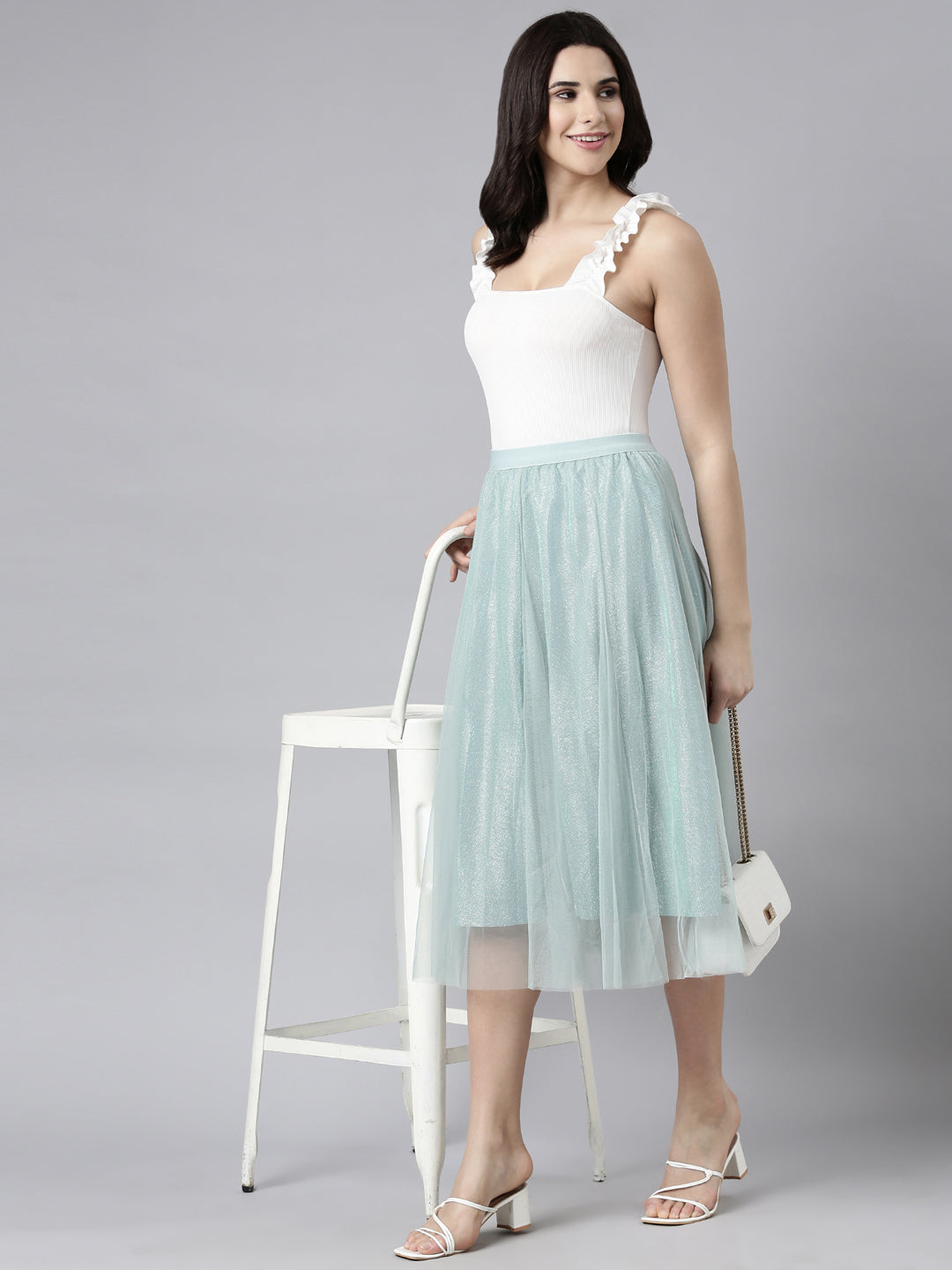Women's Sea Green Flared Sheer Midi Skirt