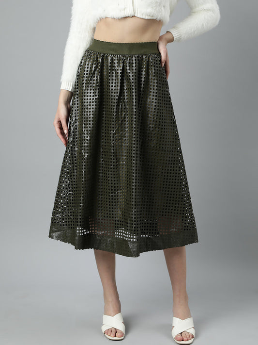 Women's Olive Self Designed Flared Midi Skirt