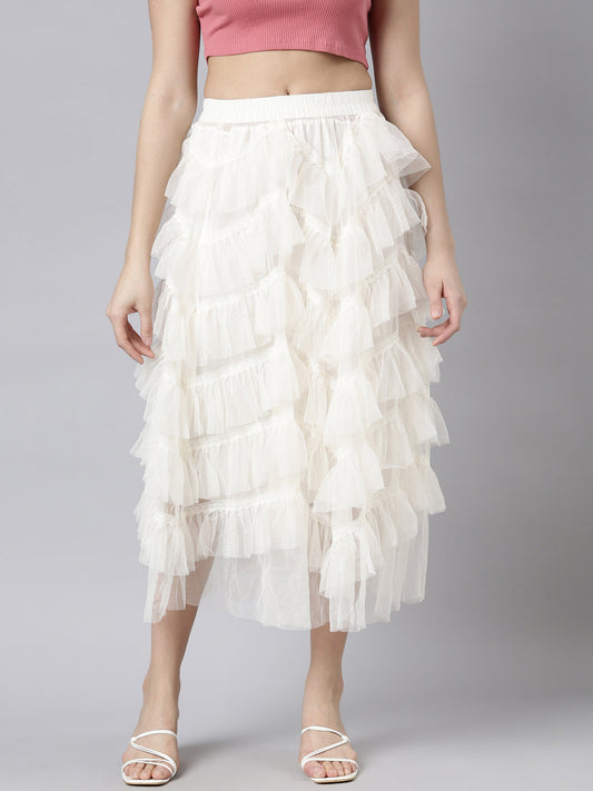 Women's Cream Tiered Midi Sheer Skirts