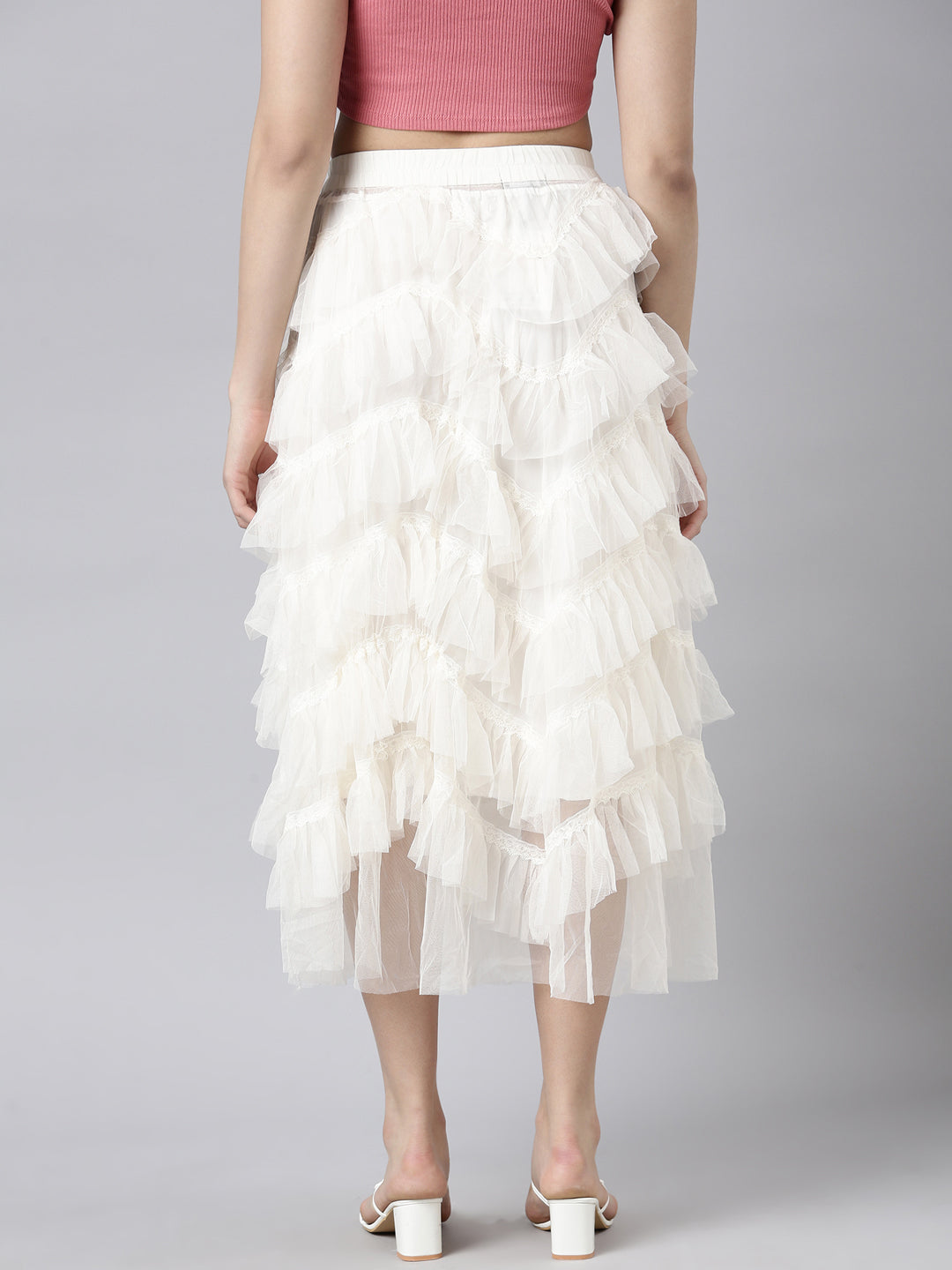 Women's Cream Tiered Midi Sheer Skirts