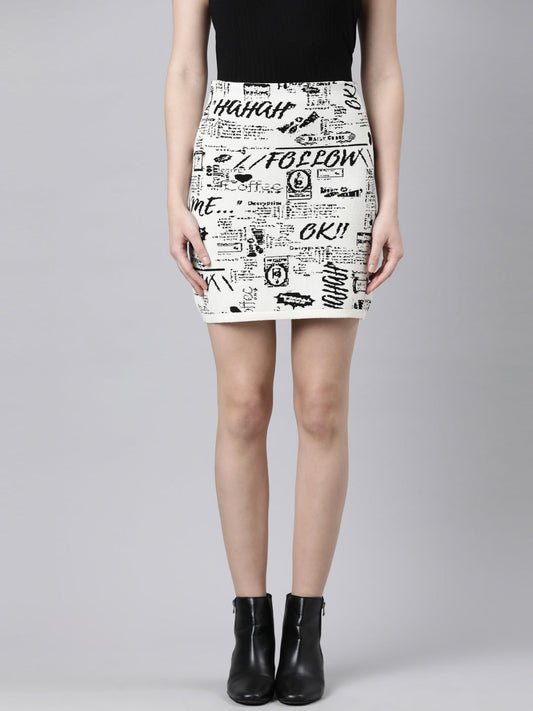 Women's Cream Typography Printed Pencil Mini Skirt