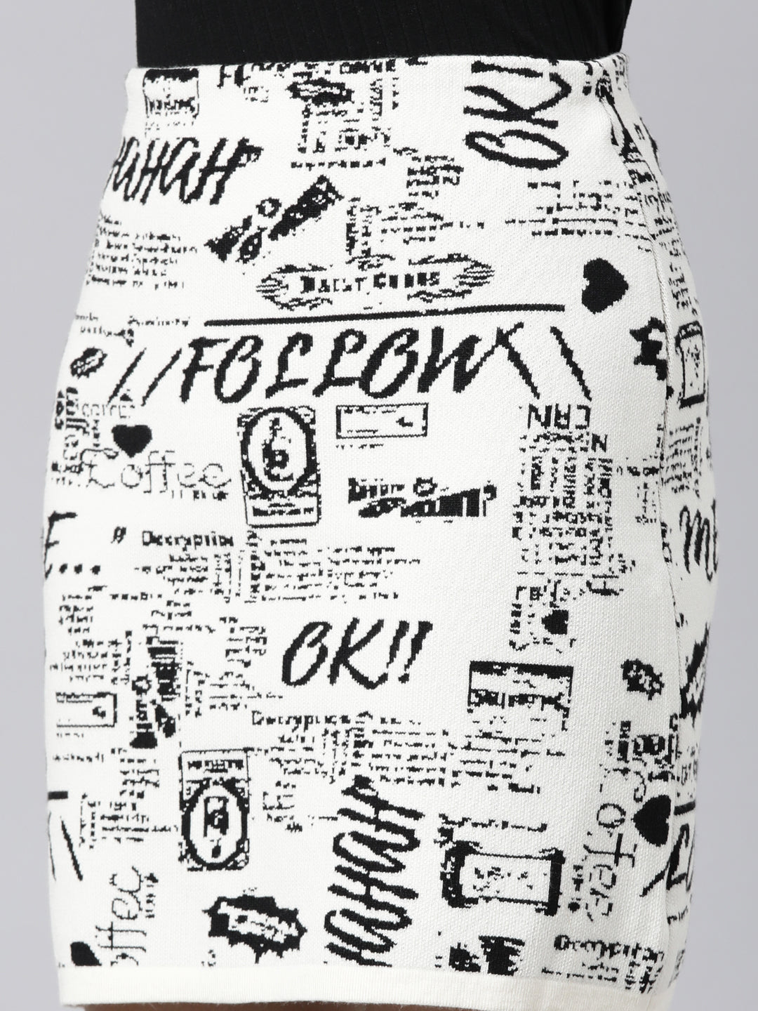 Women's Cream Typography Printed Pencil Mini Skirt