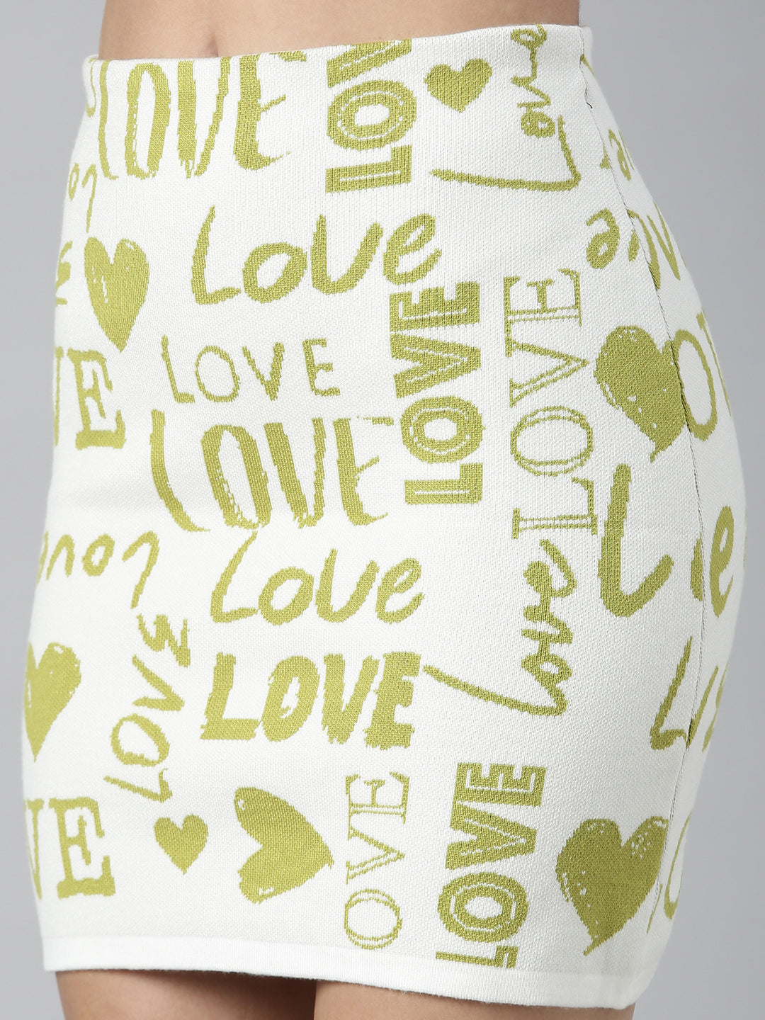 Women's Green Typography Printed Pencil Mini Skirt