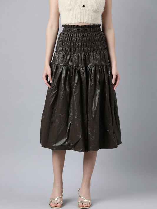 Women's Brown Monochrome Flared Midi Length Skirt