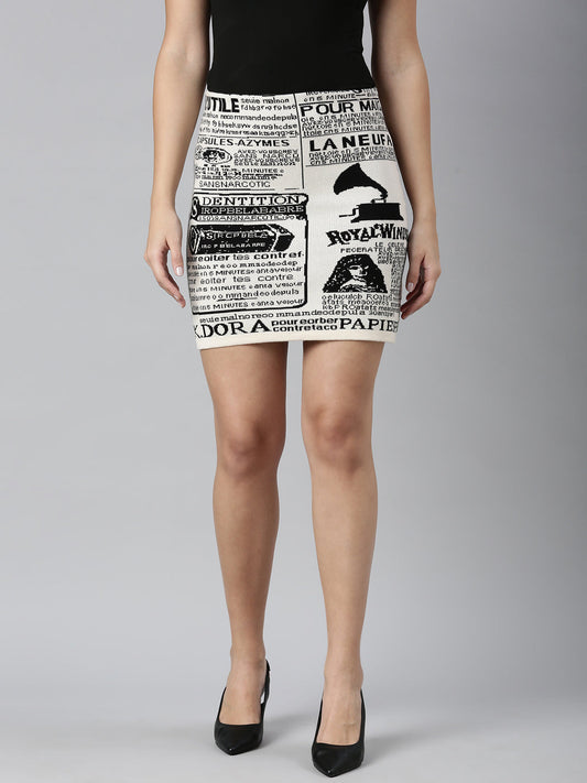 Women's Cream Self Design Typography Pencil Mini Skirt