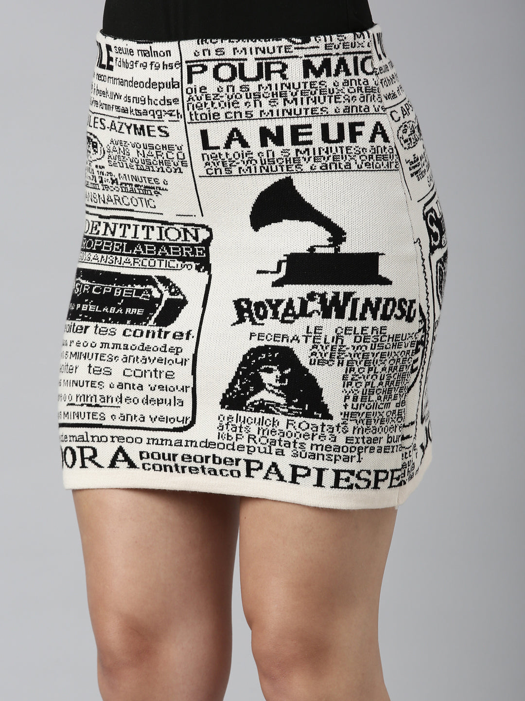 Women's Cream Self Design Typography Pencil Mini Skirt