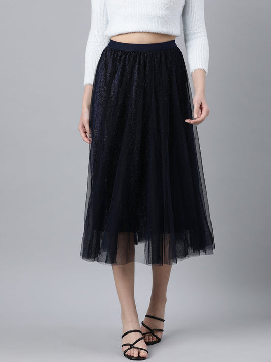 Women's Navy Blue Embellished Flared Midi Skirts