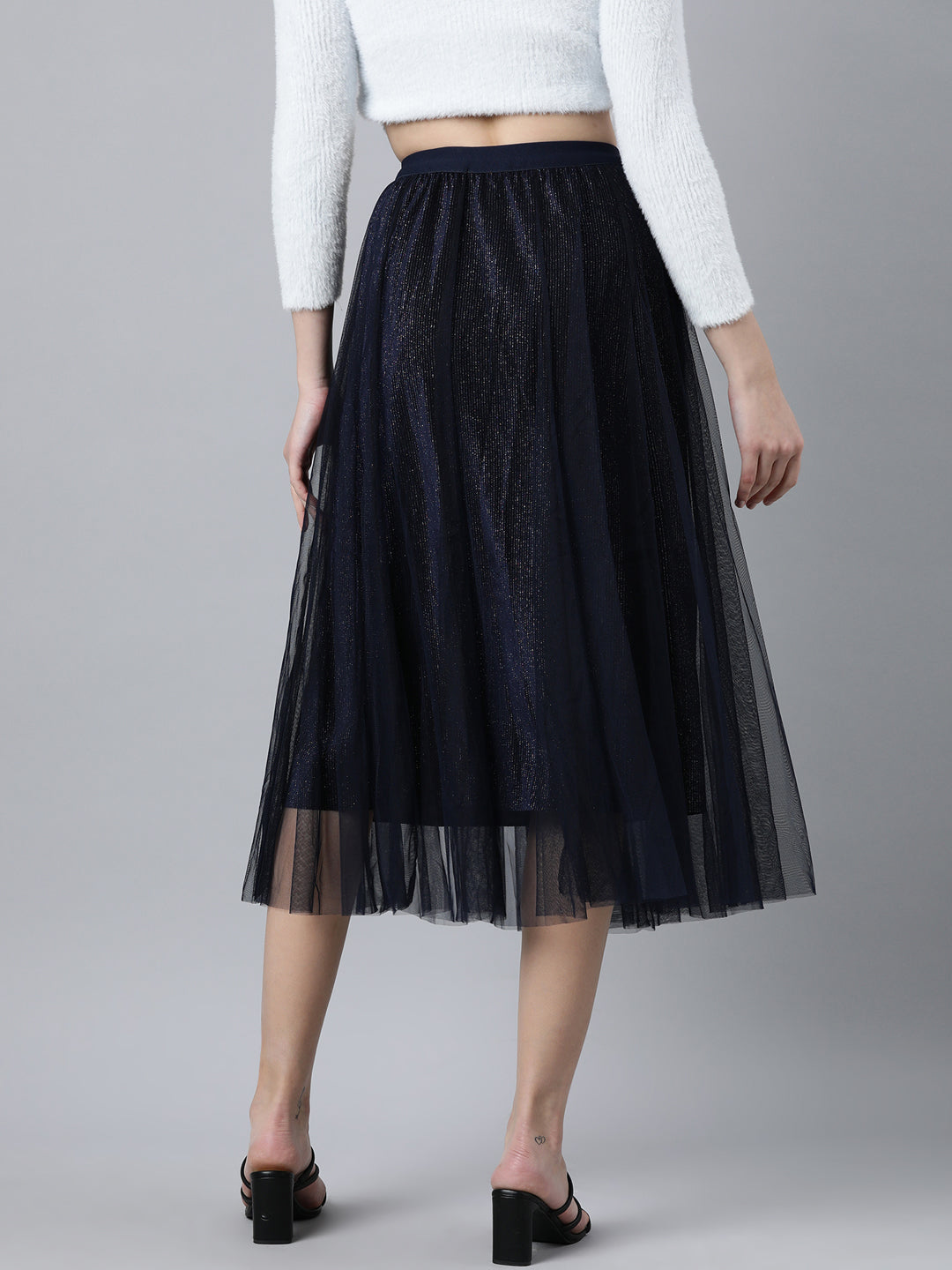 Women's Navy Blue Embellished Flared Midi Skirts