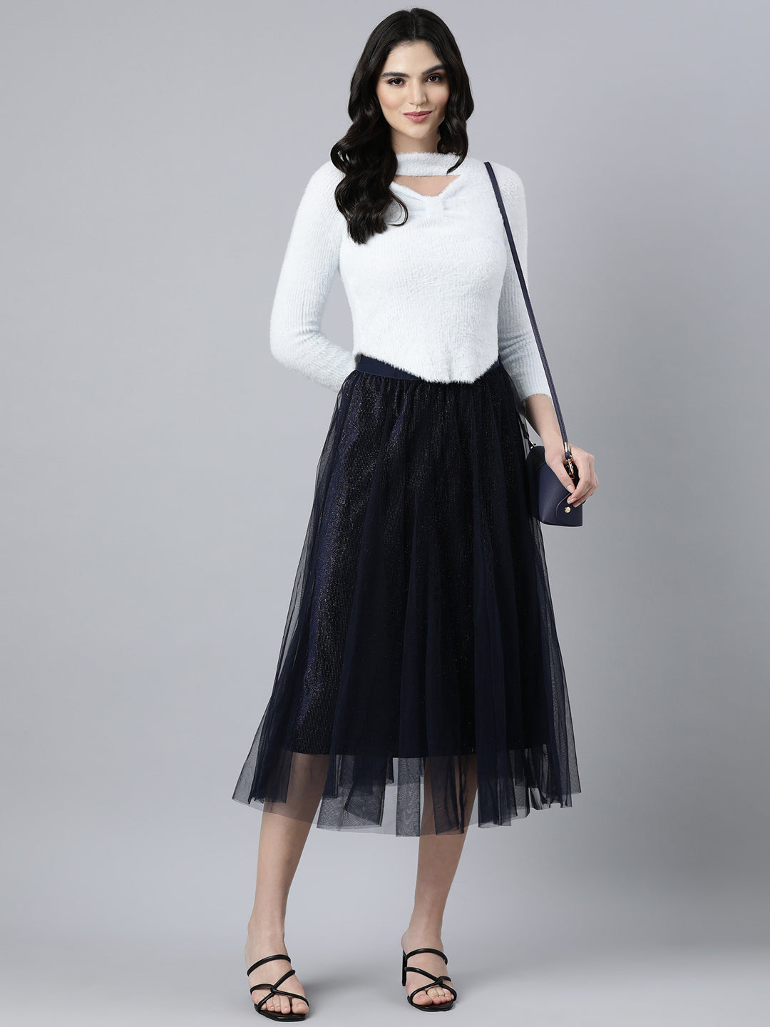 Women's Navy Blue Embellished Flared Midi Skirts