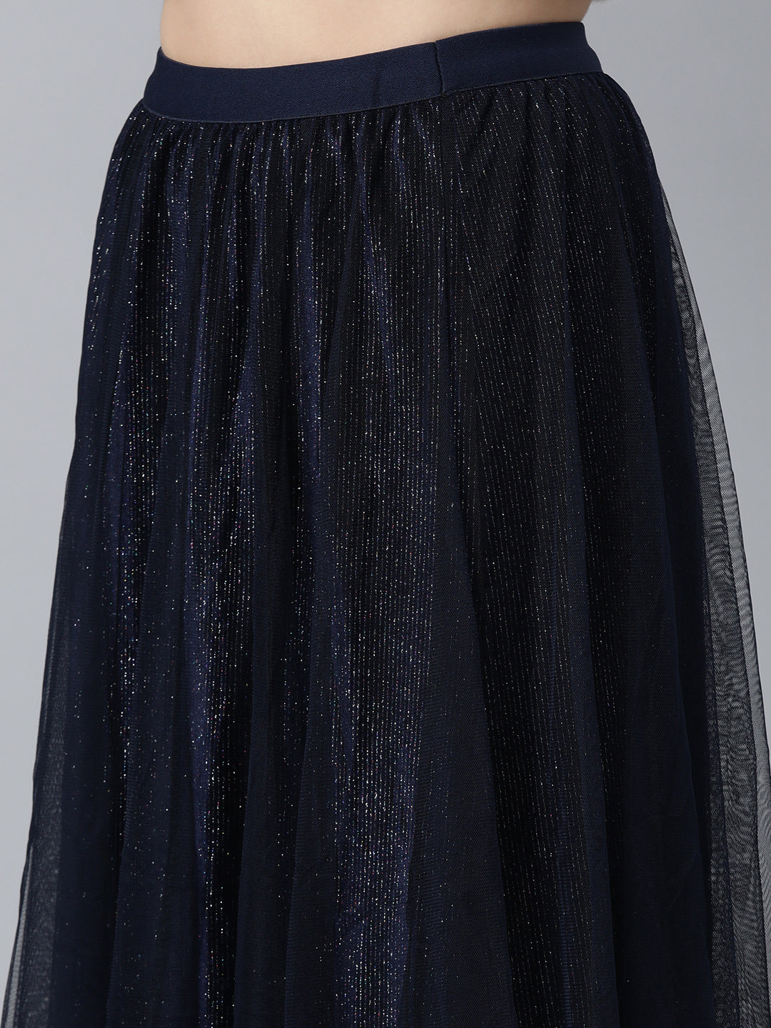 Women's Navy Blue Embellished Flared Midi Skirts