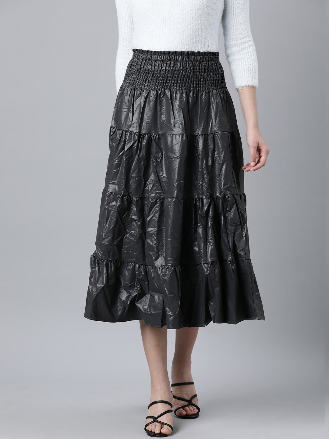 Women's Grey Tiered Midi Skirt