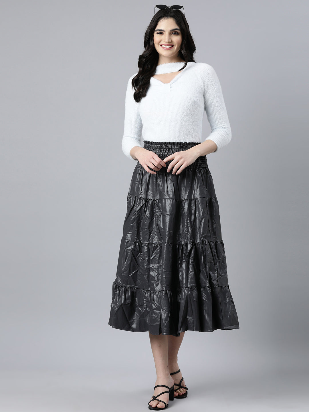 Women's Grey Tiered Midi Skirt