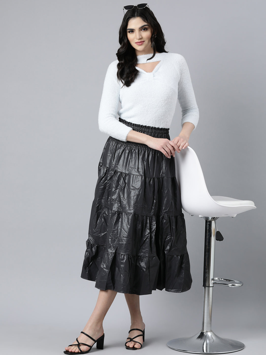 Women's Grey Tiered Midi Skirt