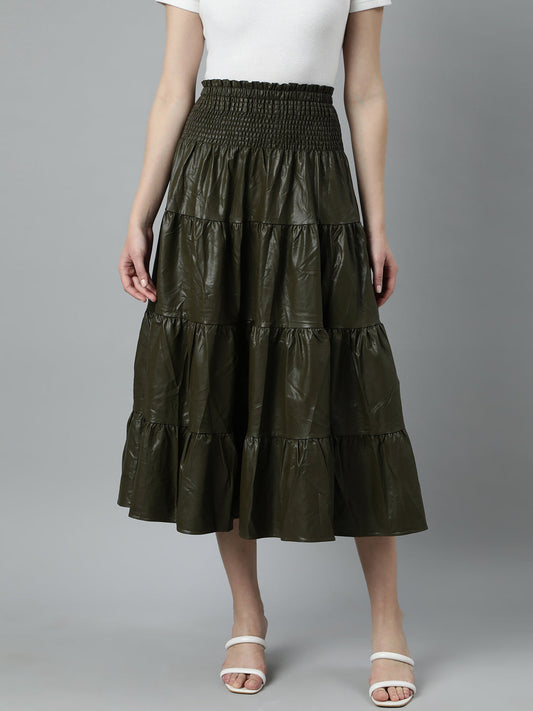 Women's Olive Tiered Monochrome Midi Skirts