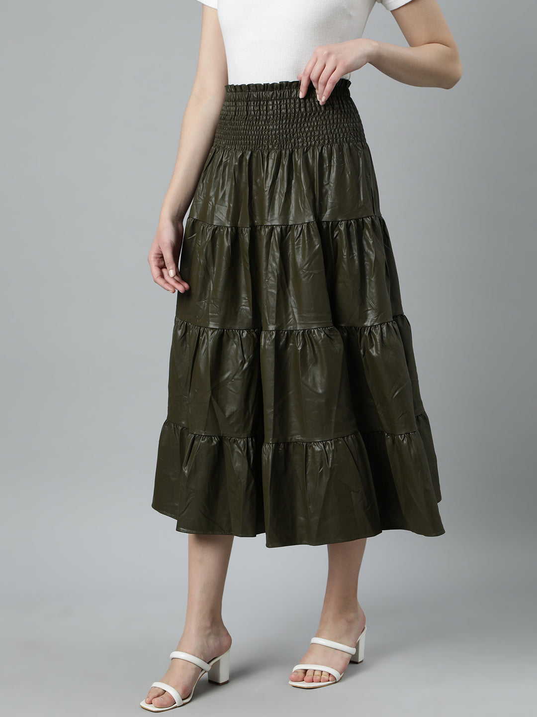 Women's Olive Tiered Monochrome Midi Skirts